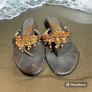 Jewell embellished size 7.5 animal print leather sandal slipper